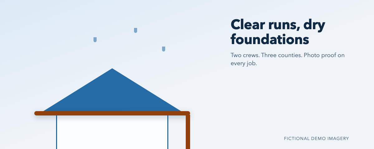 Stylized illustration of a house roofline with a clean gutter run and downspout in Brightline's blue and amber brand colors, labeled fictional demo imagery.