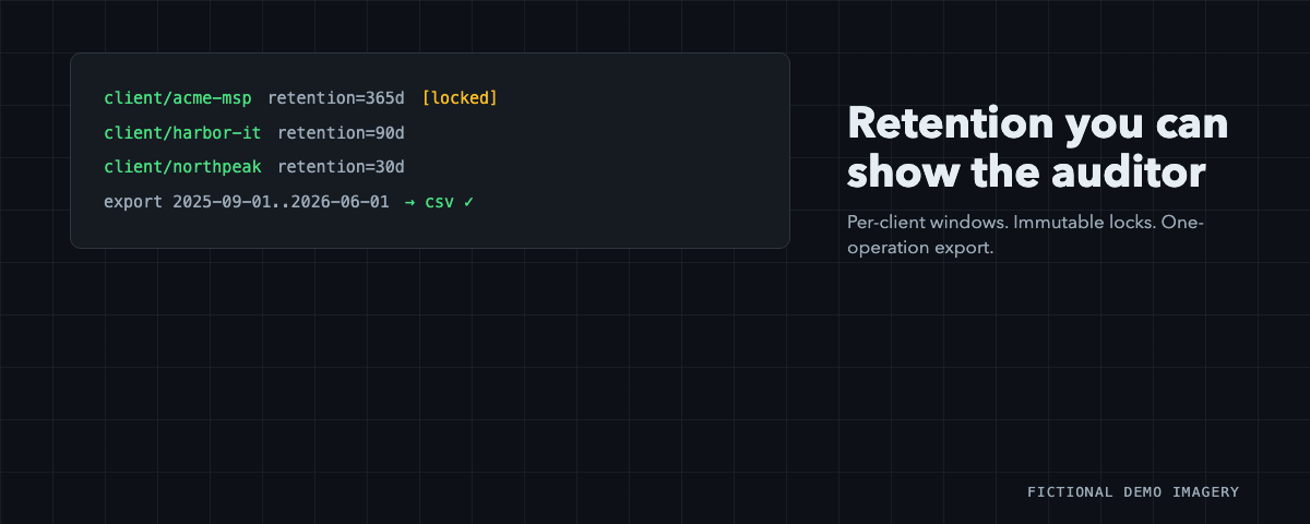 Stylized dark terminal panel showing per-client retention windows with an immutable lock and a CSV export confirmation, labeled fictional demo imagery.